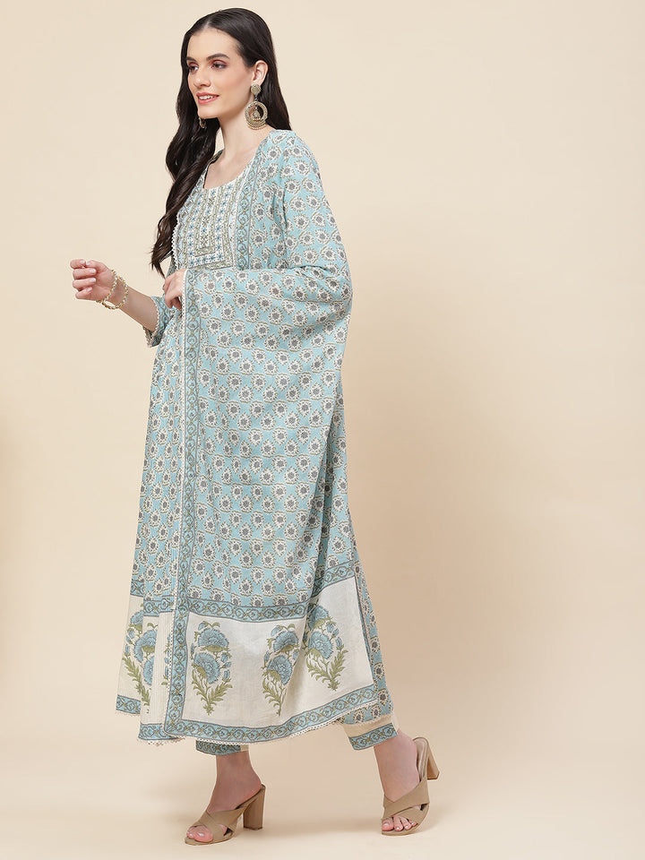 Floral Printed Cotton Kurta With Pants &amp; Dupatta