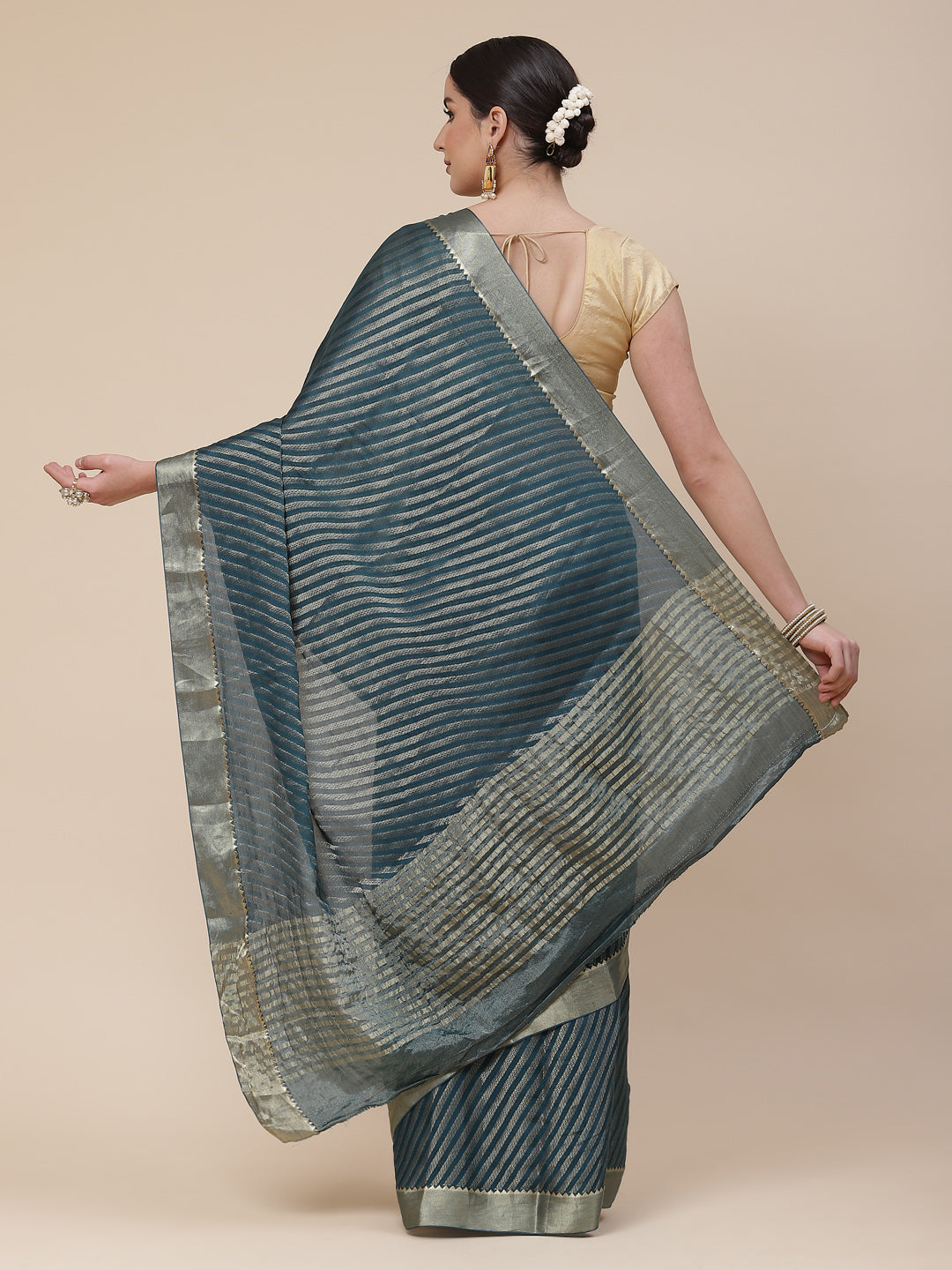 Striped Brocade Georgette Plain Saree