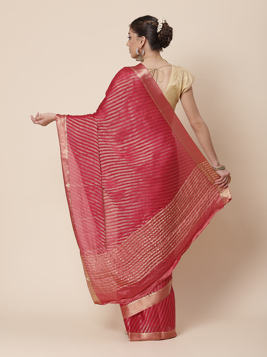 Striped Brocade Georgette Plain Saree