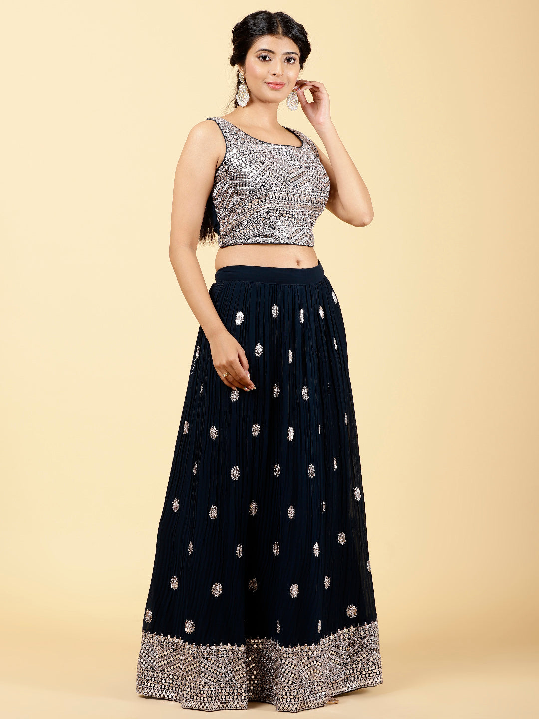 Sequin Embroidered Georgette Choli With Lehenga &amp; Dupatta
