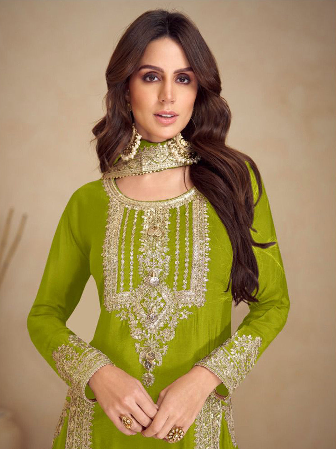 Embroidered Chinon Kurta With Pant &amp; Dupatta
