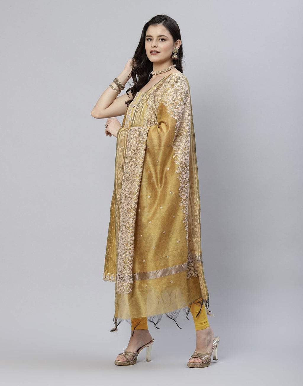 Printed Chanderi Suit Piece With Embroidered Yoke And Dupatta