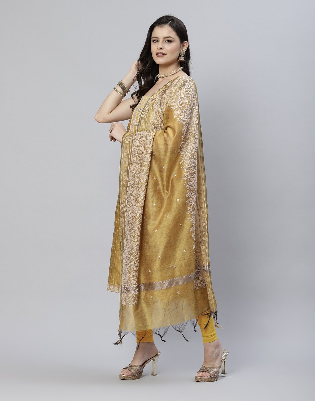 Printed Chanderi Suit Piece With Embroidered Yoke And Dupatta