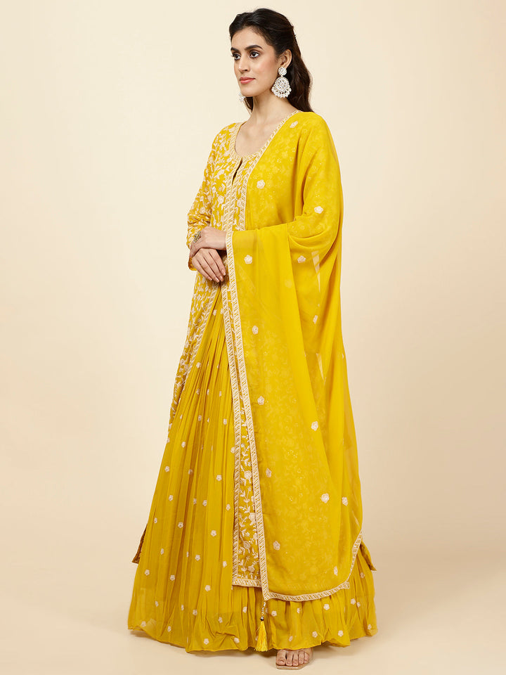 Embroidered Georgette Kurta With Skirt &amp; Dupatta