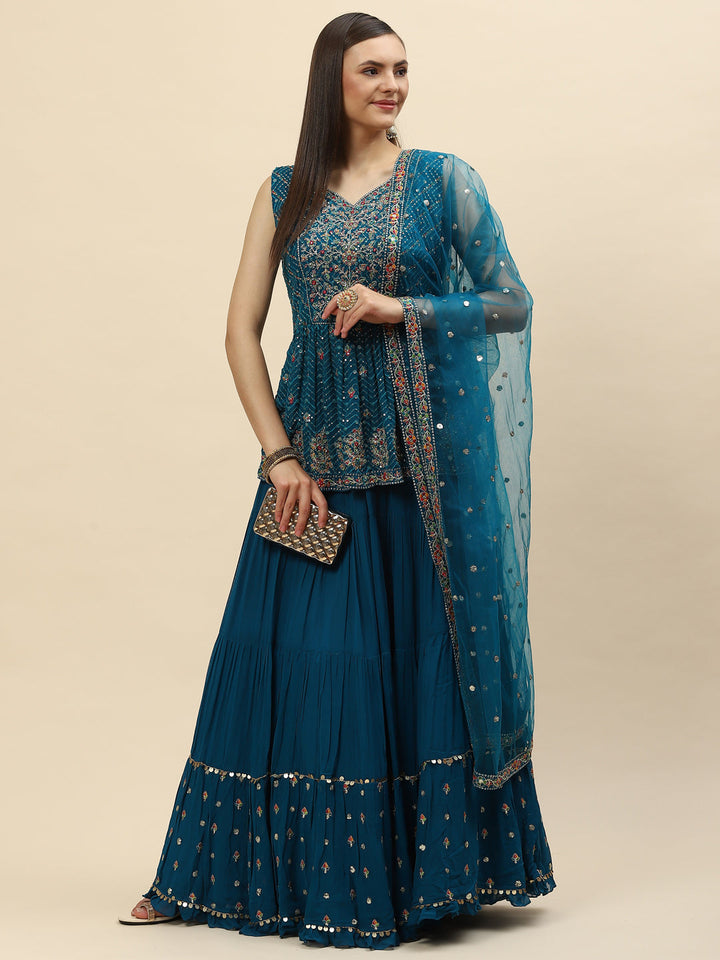 Sequin Embroidered Georgette Peplum Choli With Lehenga &amp; Dupatta