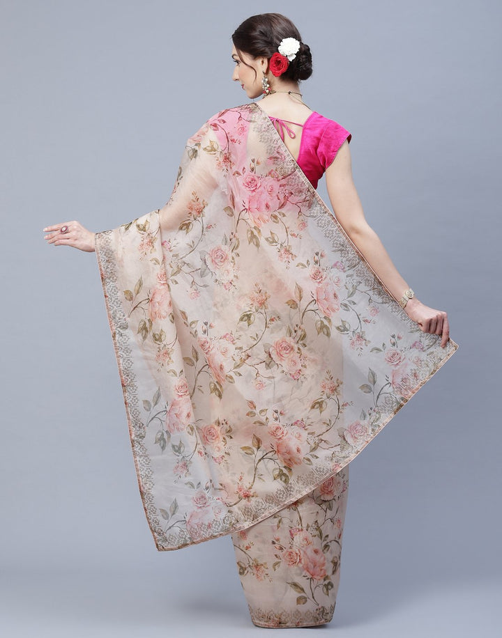 Digital Floral Printed Kora Saree with Stone Work Border