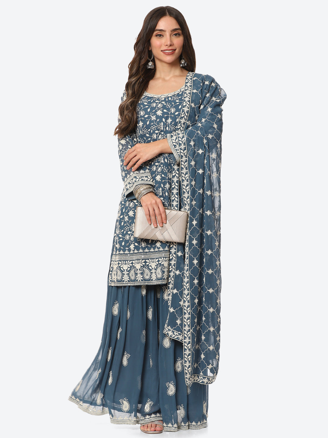 Resham Embroidered Georgette Kurta With Garara &amp; Dupatta