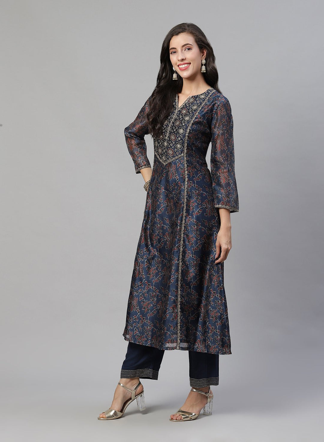 Printed Chanderi Anarkali Kurti With Pant