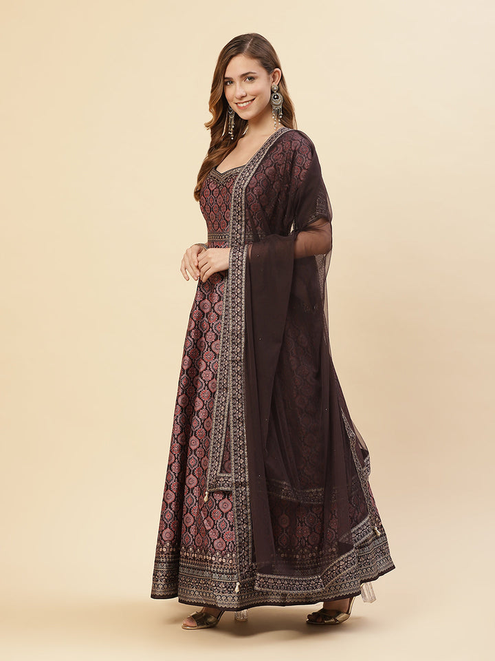 Digital Printed Art Tussar Anarkali Kurti With Chudidar And Net Dupatta