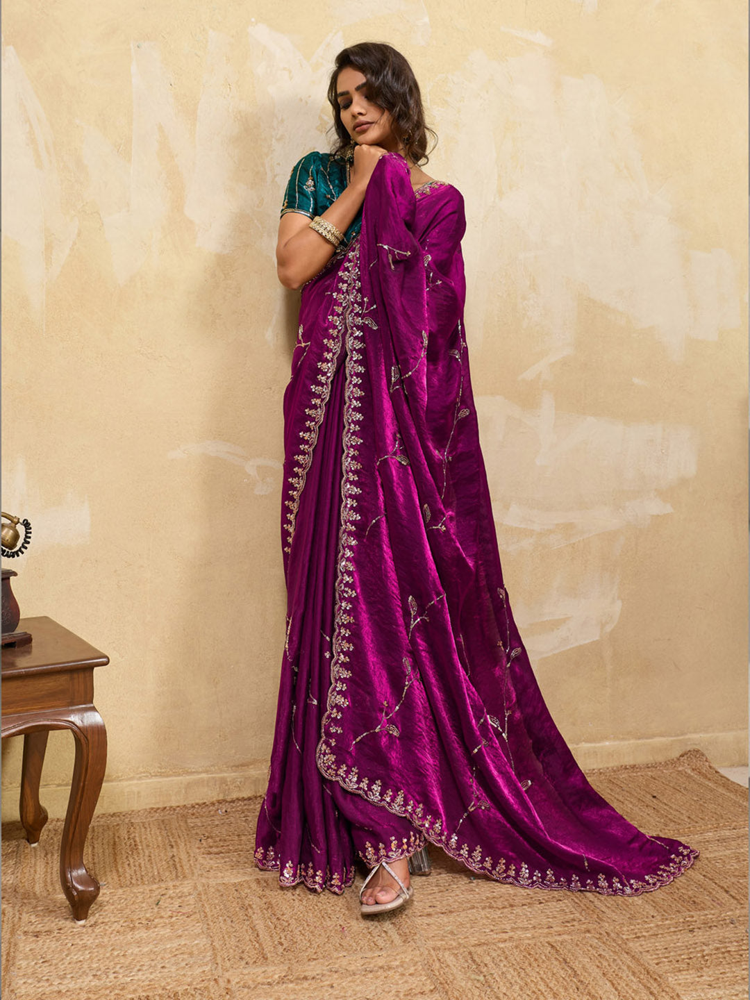 Embroidered Satin Velvet Saree
