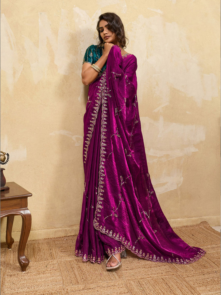 Embroidered Satin Velvet Saree