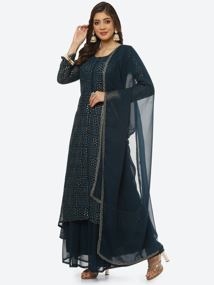 Sequin Embroidered Art Georgette Kurta With Palazzo &amp; Georgette Dupatta