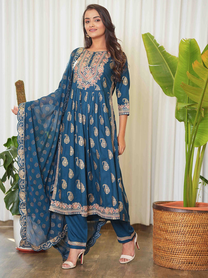 Zari Booti &amp; Paisley Printed Kurta With Pants &amp; Dupatta