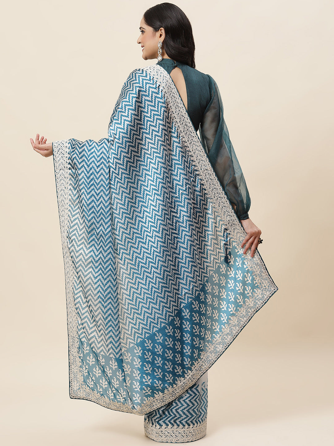 Block Printed Satin Saree - Meena bazaar