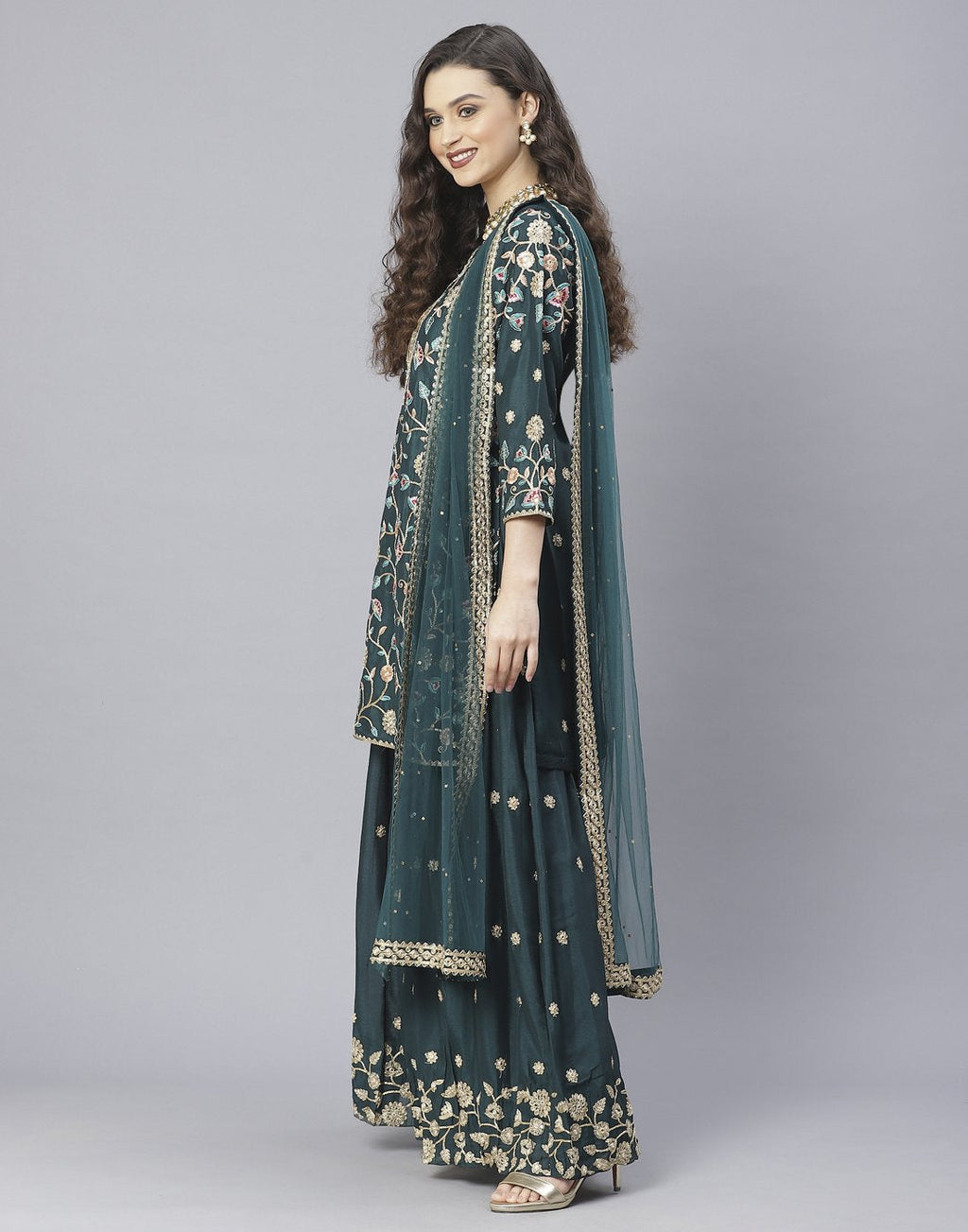 Rama Green and Hot Pink Art Crepe Salwar Kameez