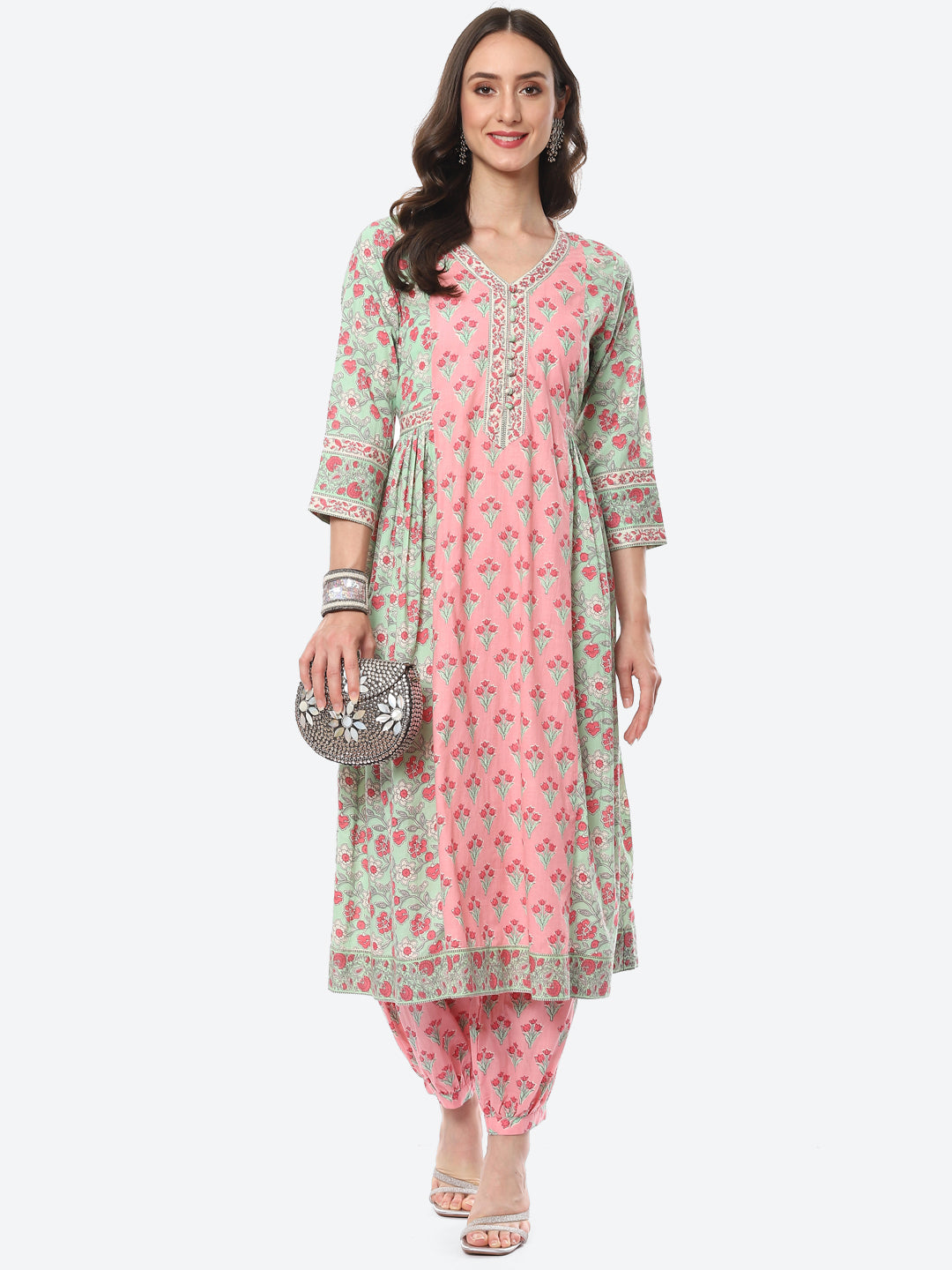 Floral Printed Cotton Kurta With Afgani Pant