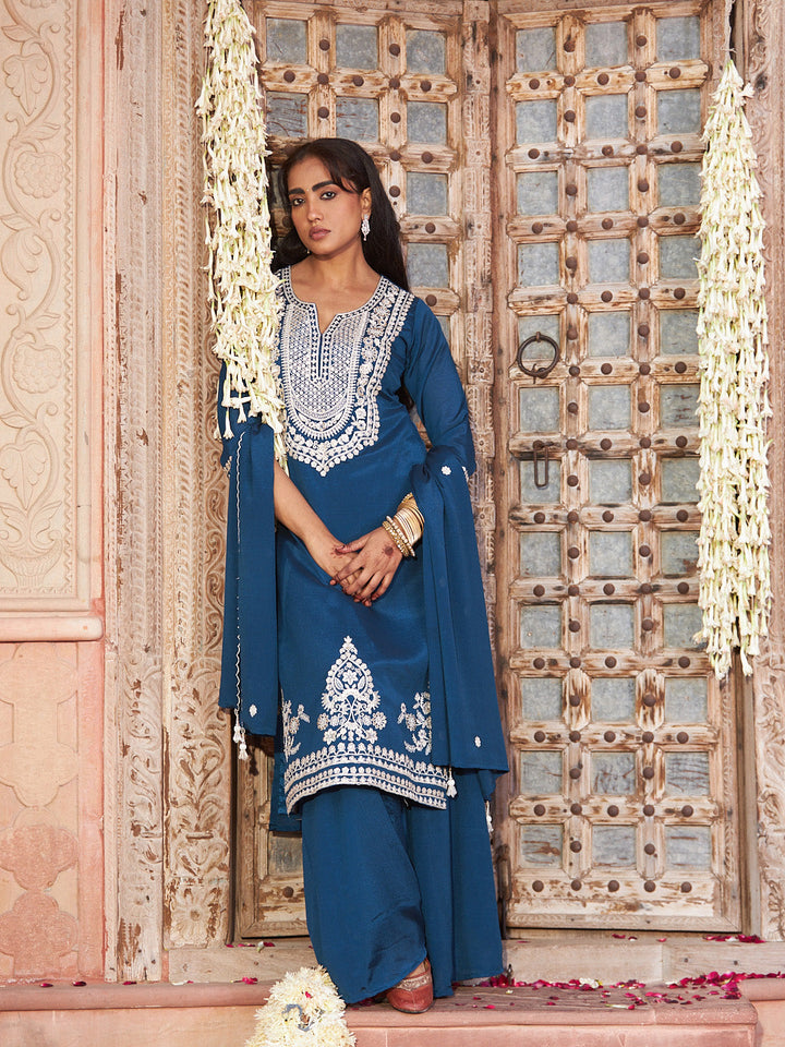 Teal Blue Embroidered Chinon Kurta Palazzo with Dupatta