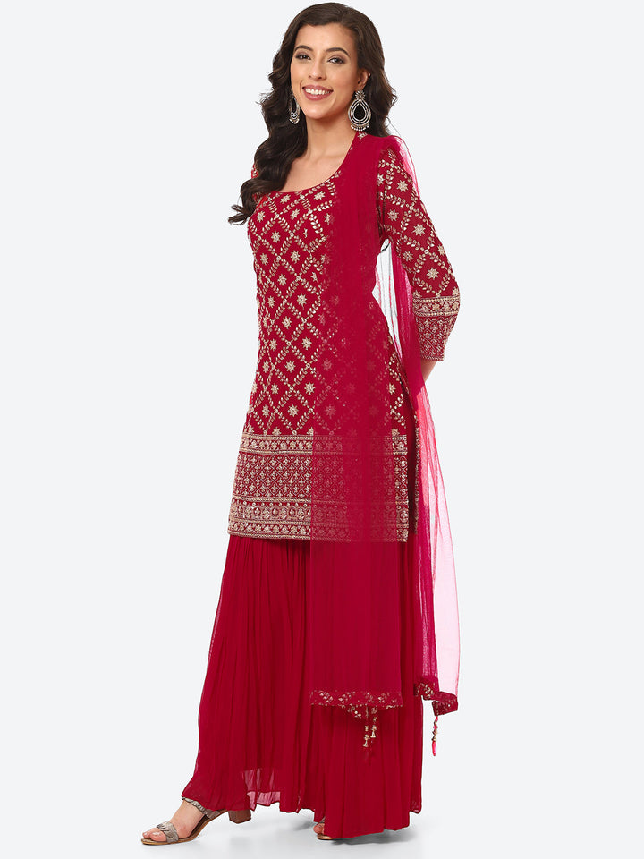 Zari Zaal Embroidered Georgette Kurti With Sharara &amp; Dupatta