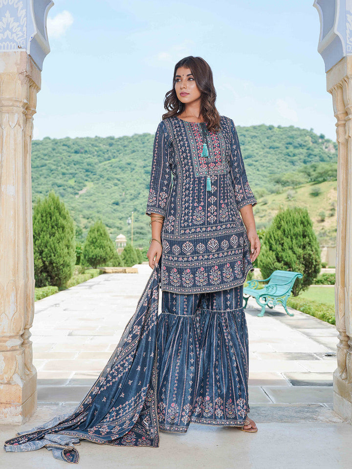 Floral Printed Crepe Kurta With Garara &amp; Silk Dupatta