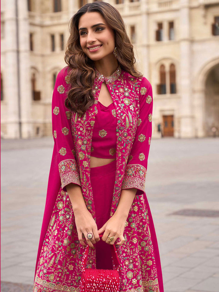 Embroidered Georgette Choli &amp; Plazzo With Jacket