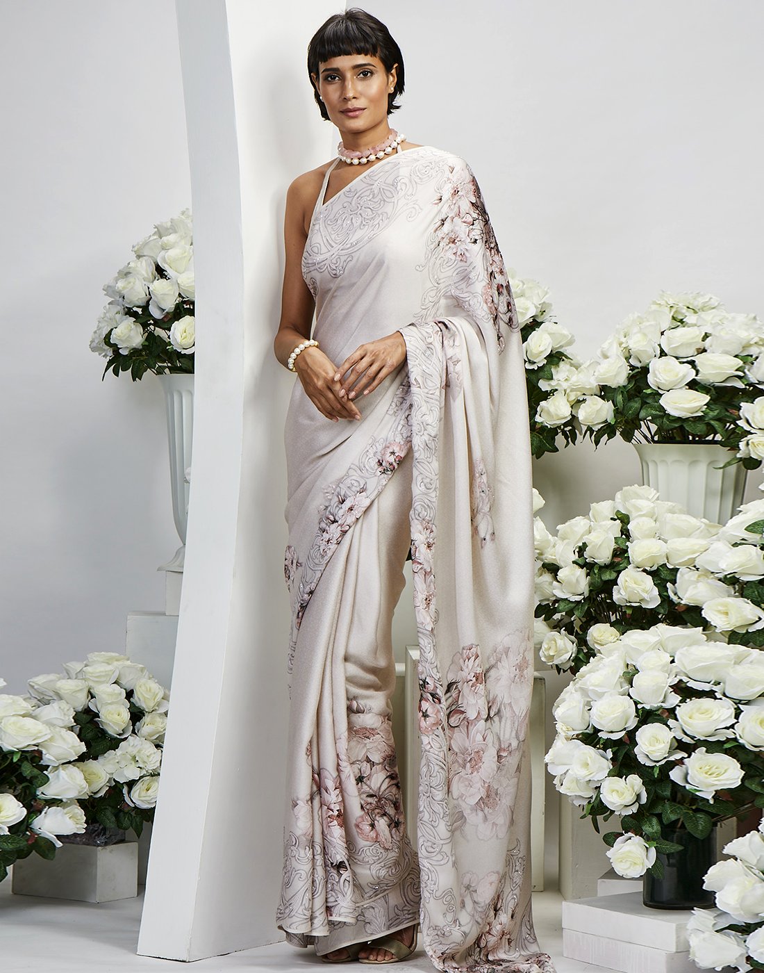 Cream Satin Printed Saree