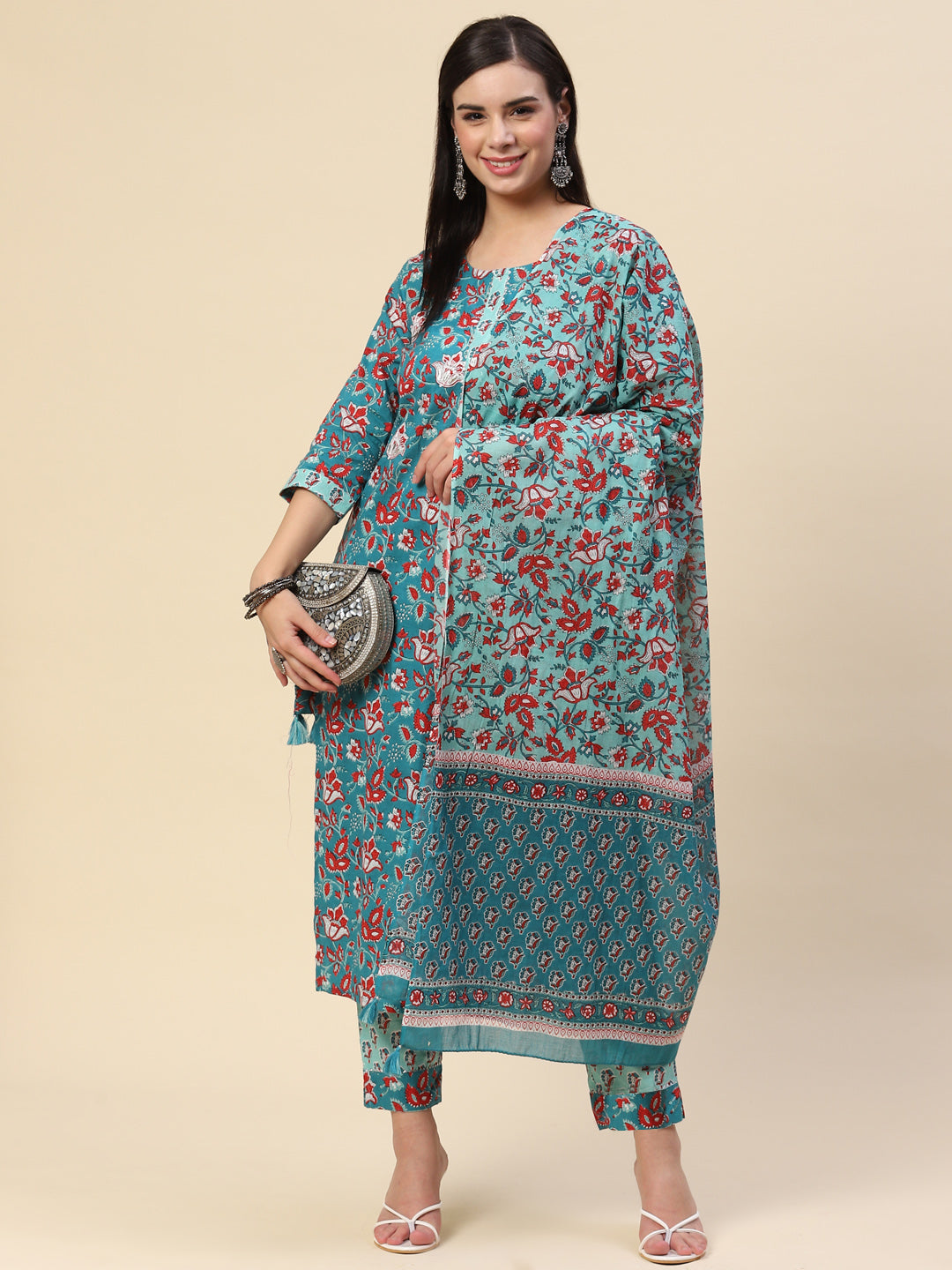 Block Printed Cotton Kurta With Pants &amp; Dupatta