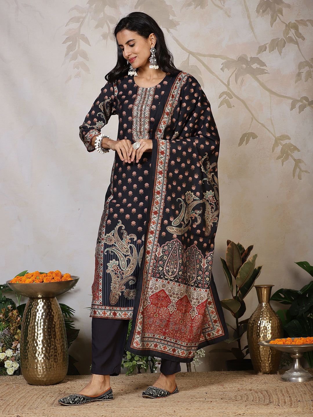 Printed Cotton Blend Kurta With Pants &amp; Dupatta