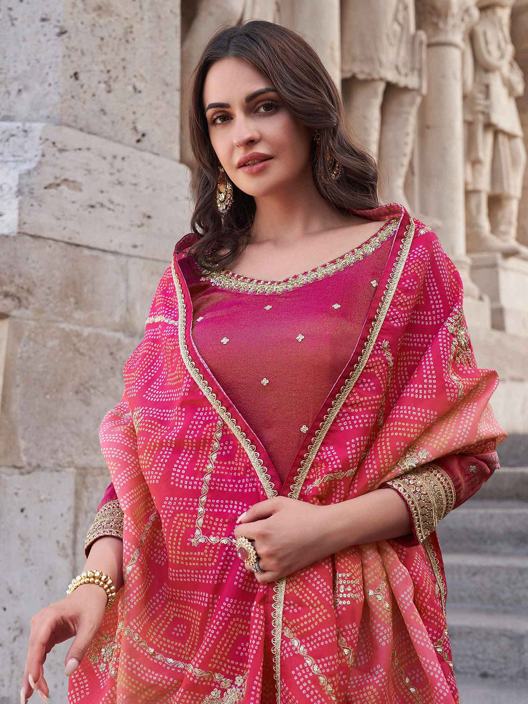 Embroidered Shimmer Kurti With Plazzo &amp; Dupatta