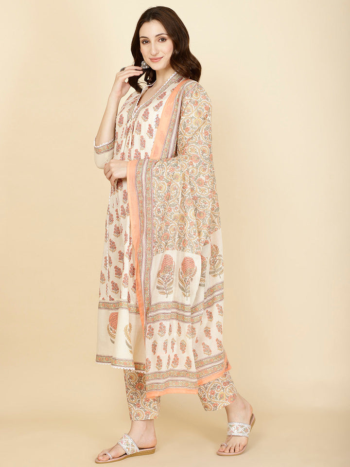 Floral Block Printed Cotton Kurta With Pants &amp; Dupatta