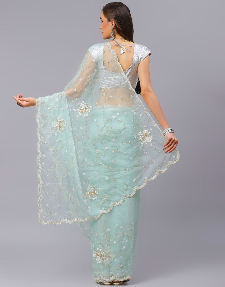 Embroidery Aqua Green and Pink Saree