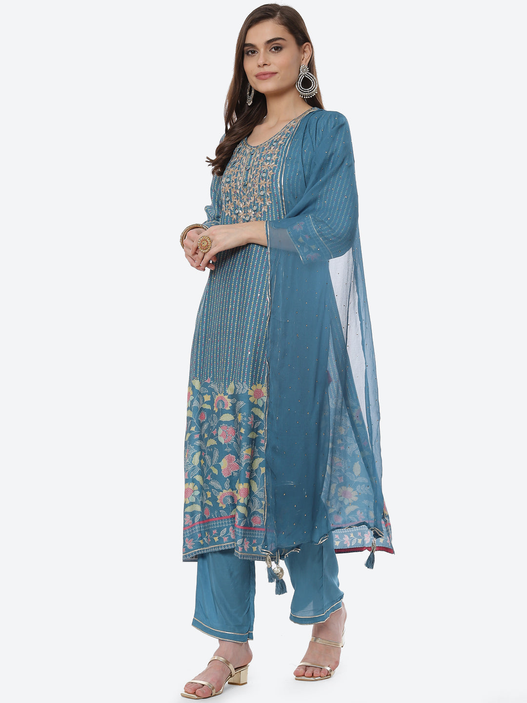 Mirror Work &amp; Printed Muslin Kurta With Pant &amp; Chiffon Dupatta