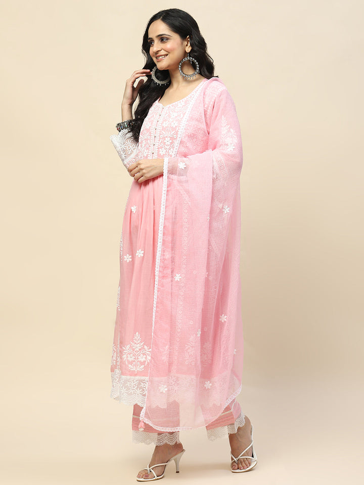Neck Embroidery Cotton Anarkali With Pants &amp; Dupatta