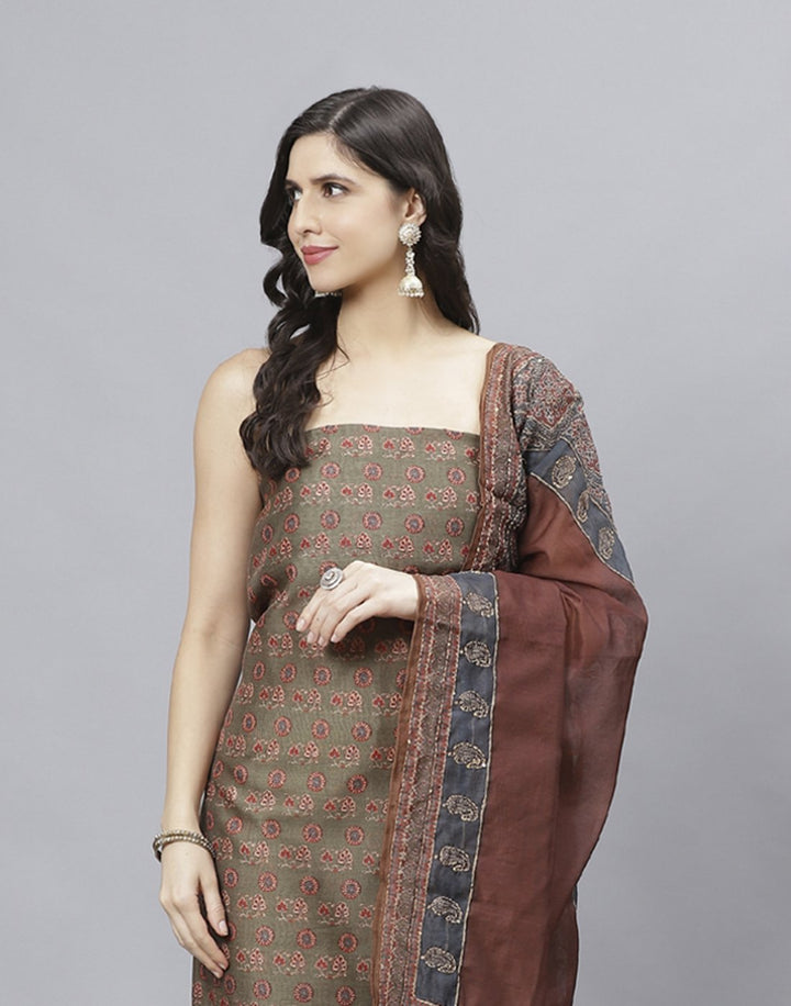 Printed Chanderi Suit Piece With Embroidered Chanderi Dupatta
