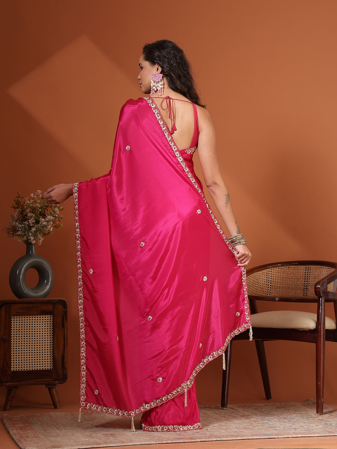 Sequin &amp; Cut Work Embroidered Crepe Saree