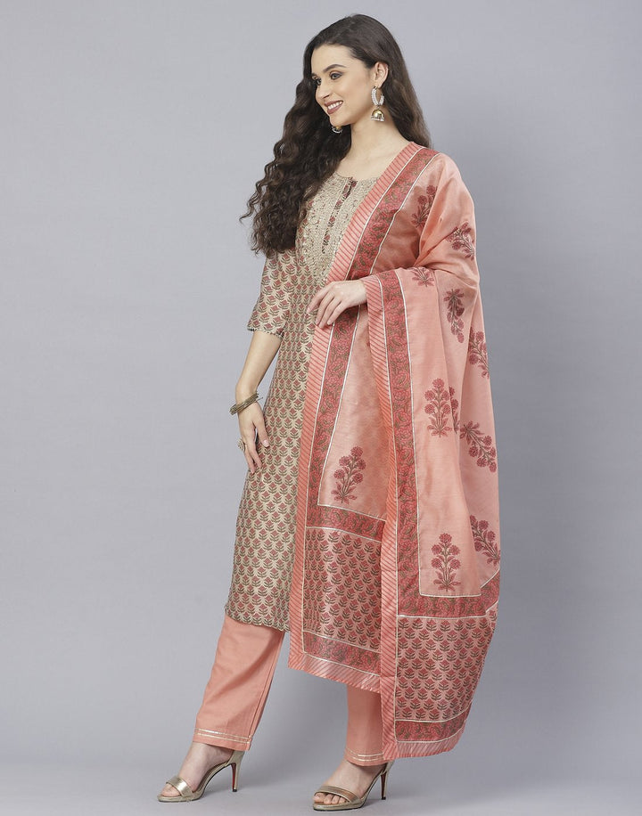 Peach and Firozee Cotton Chanderi Salwar Kameez