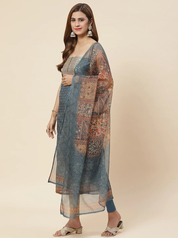 Neck Embroidered &amp; Printed Chanderi Unstitched Suit Piece With Dupatta
