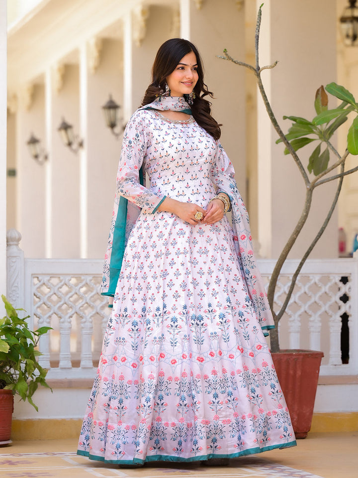 Digital Printed Anarkali Kurta With Churidar &amp; Dupatta