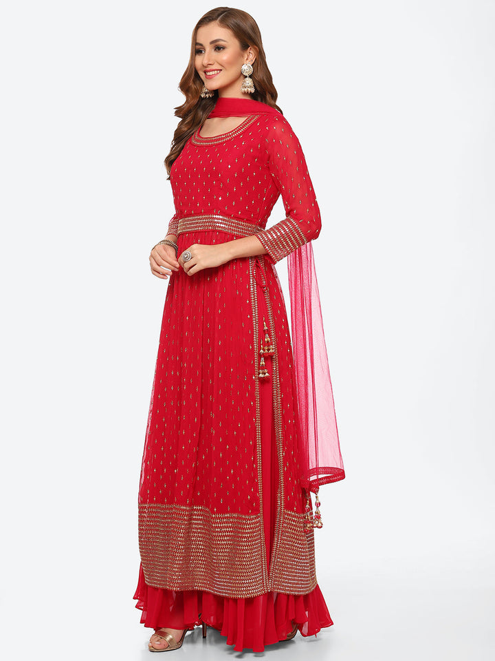 Sequin Work Georgette Kurta With Palazzo &amp; Net Dupatta
