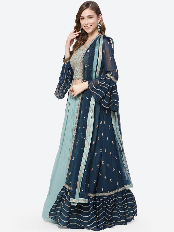 Mirror Work Georgette Jacket With Lehenga Choli And Net Dupatta