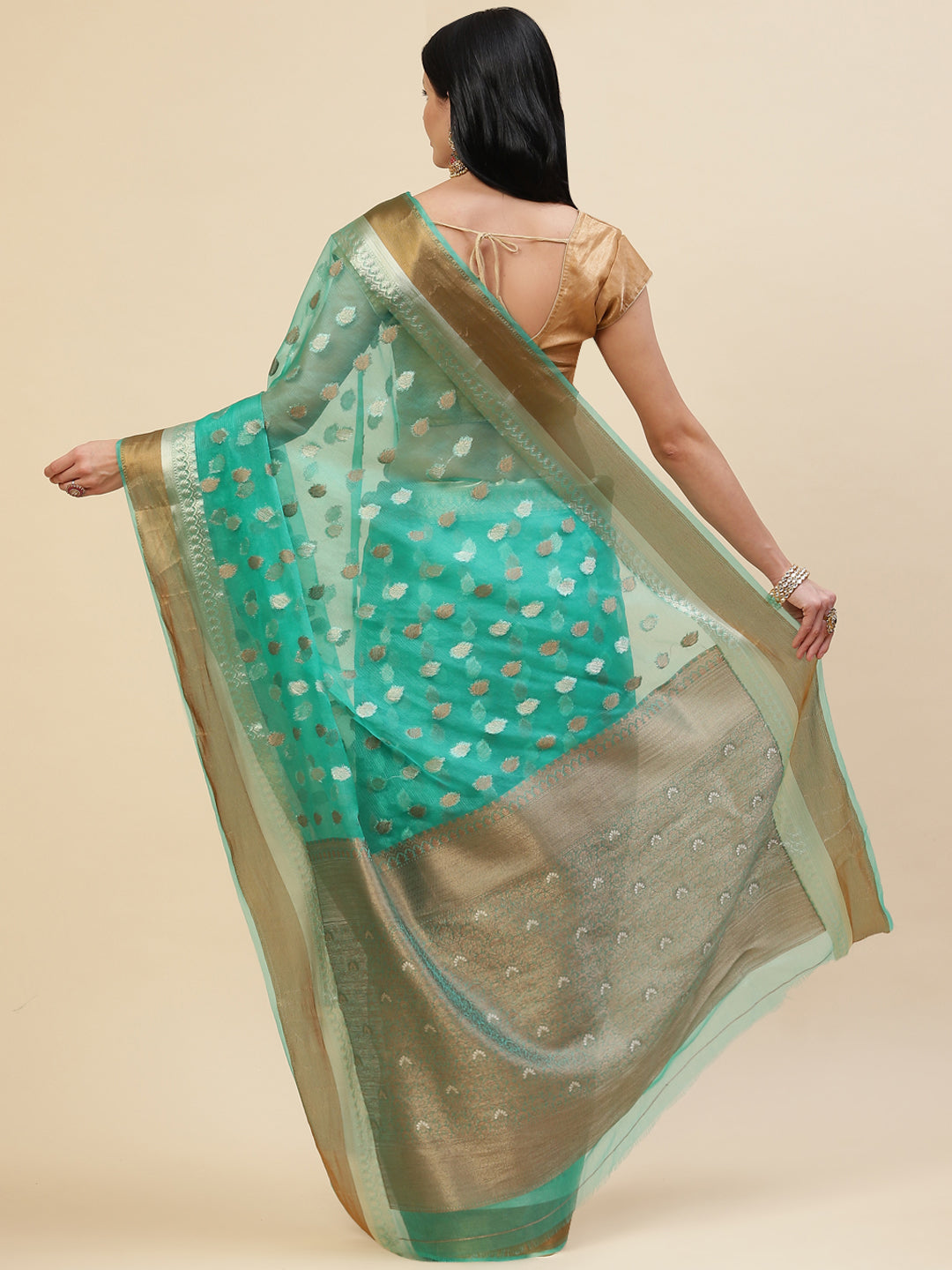 Antique Booti Organza Plain Saree
