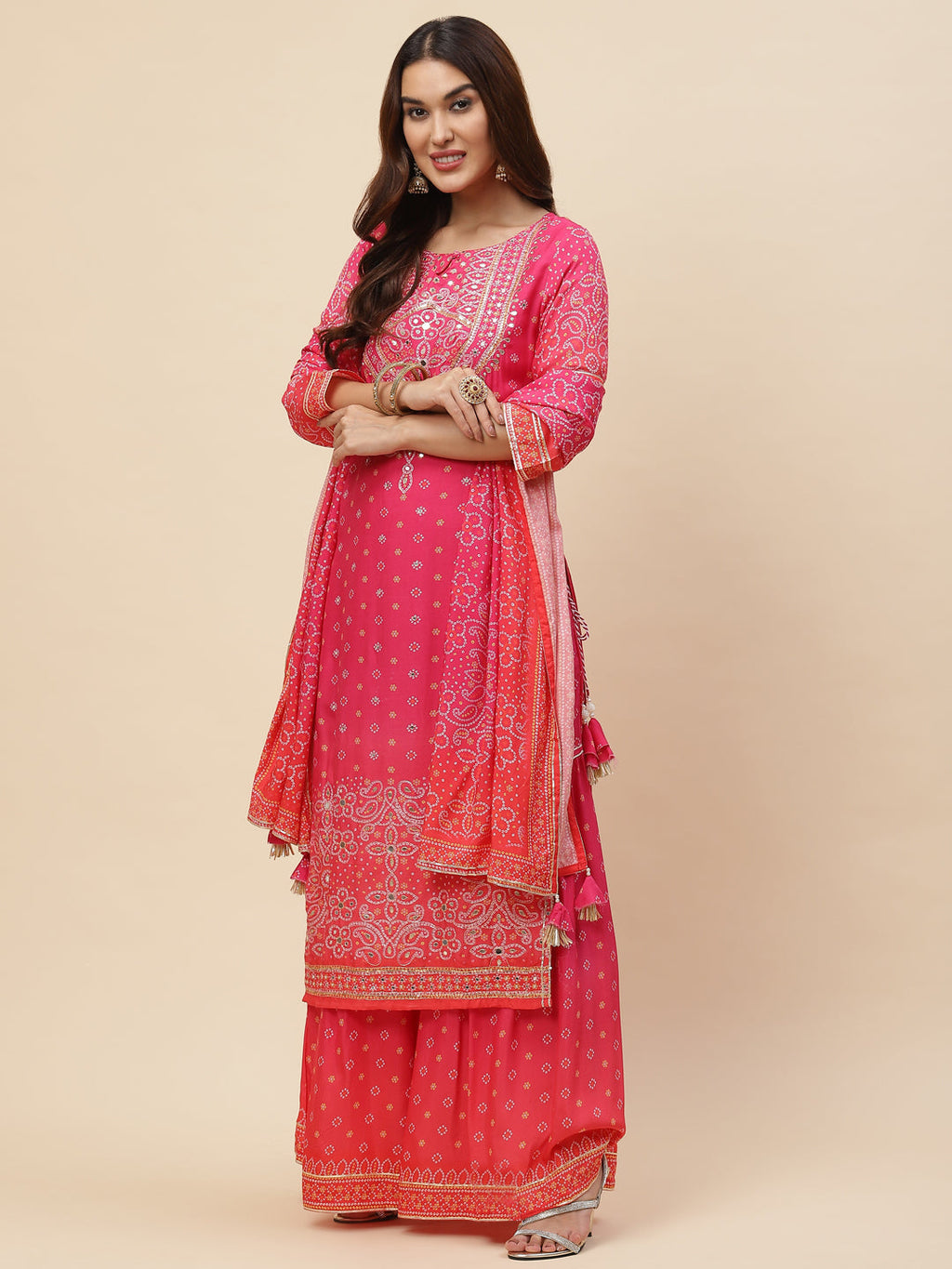 Bandhani Printed Muslin Kurta With Sharara & Dupatta