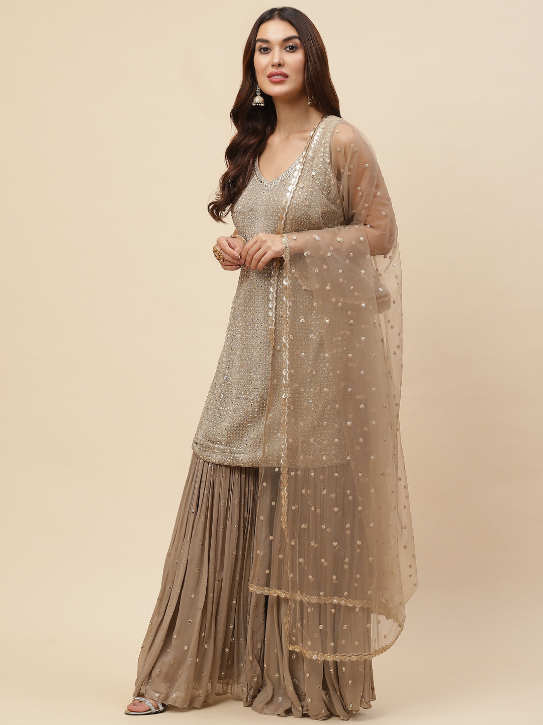 Embroidered Georgette Kurta With Garara & Net Dupatta