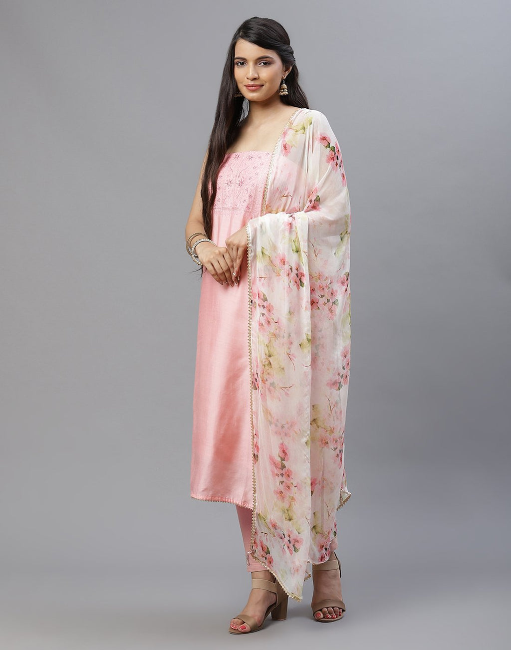 Embroidered Chanderi Suit Piece With Printed Chiffon Dupatta