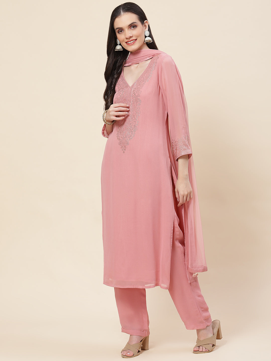 Neck Embellished Georgette Kurta With Palazzo &amp; Dupatta