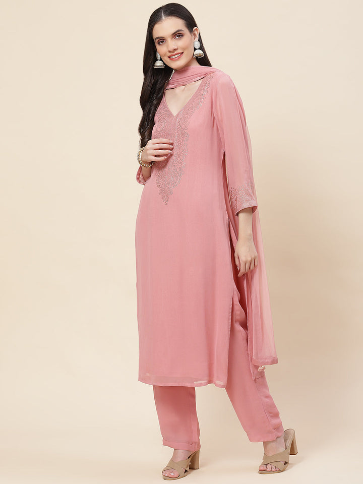 Neck Embellished Georgette Kurta With Palazzo &amp; Dupatta