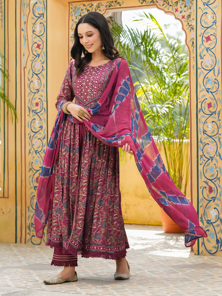 Floral Printed Muslin Kurta With Palazzo &amp; dupatta