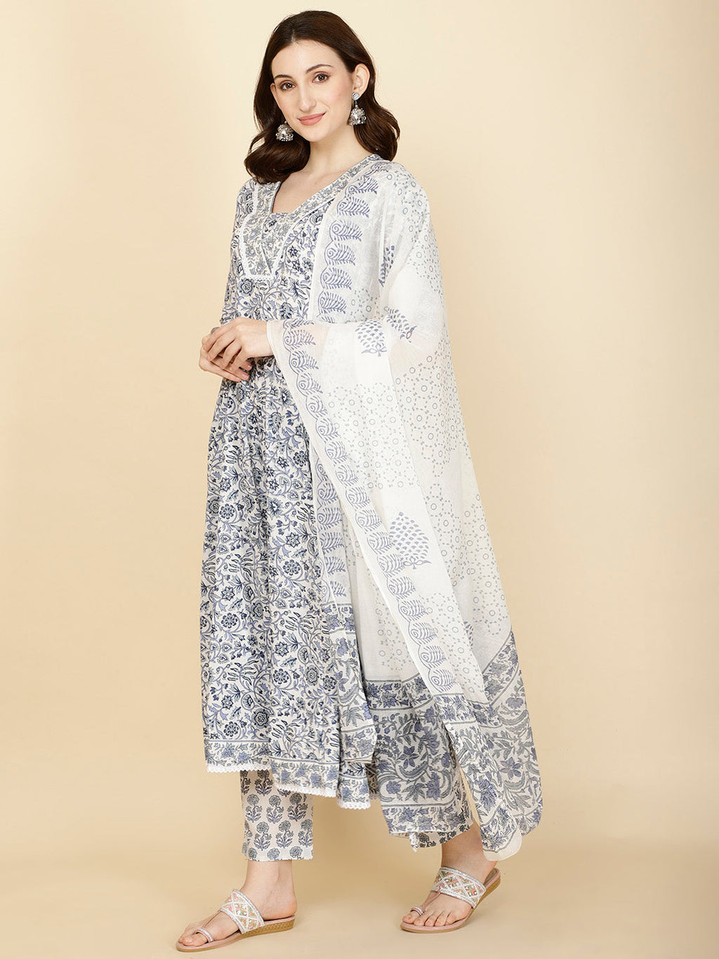 Floral Printed Cotton Kurta With Pants & Dupatta
