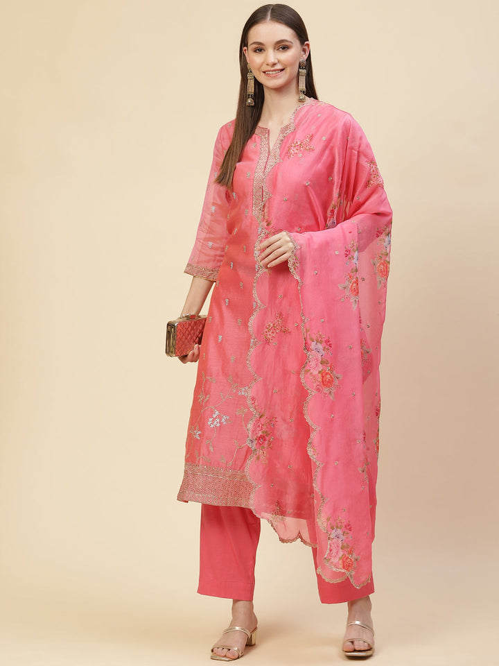 Resham Booti Cotton Kurta With Pants &amp; Dupatta