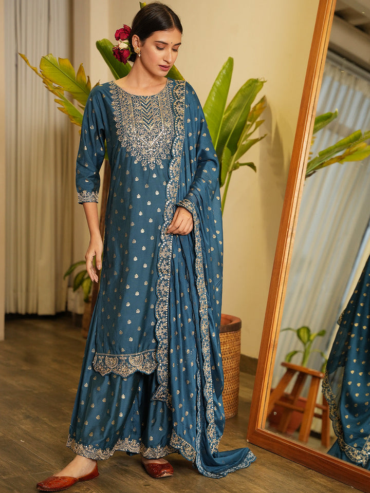 Neck Embroidered Chanderi Kurta With Garara &amp; Dupatta