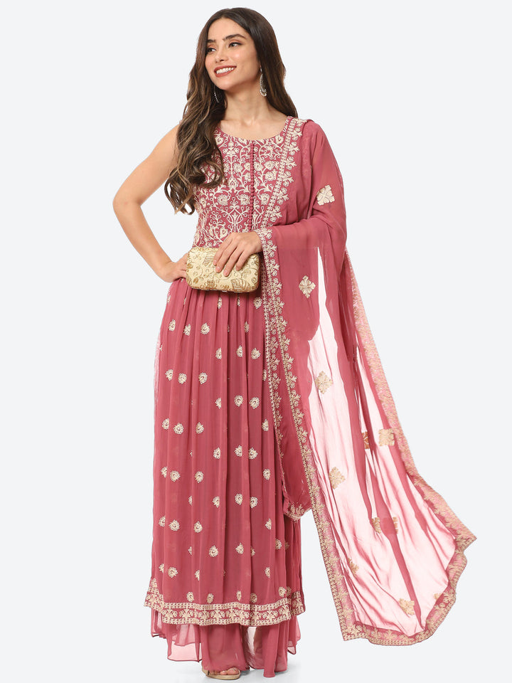 Resham Booti Georgette Kurta With Palazzo &amp; Dupatta